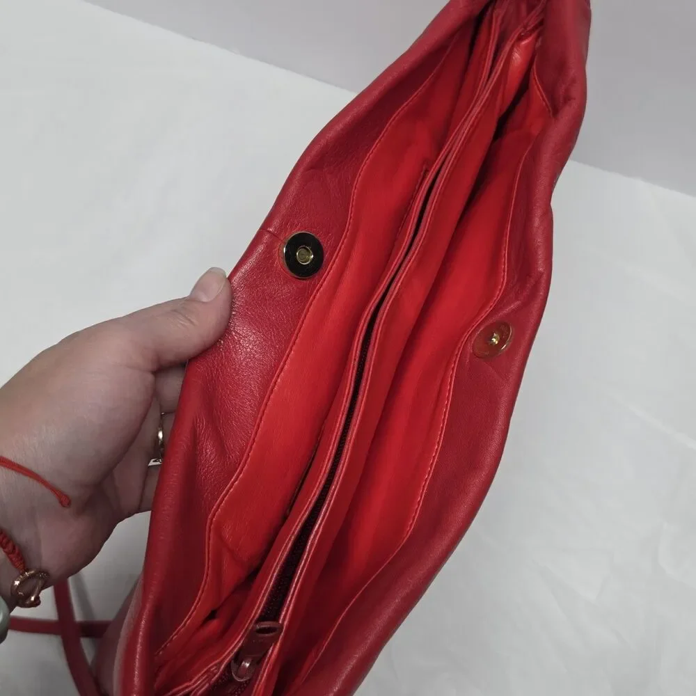 Vintage 70s TOLEDANO Red Soft Genuine Leather Large Clutch Or Crossbody